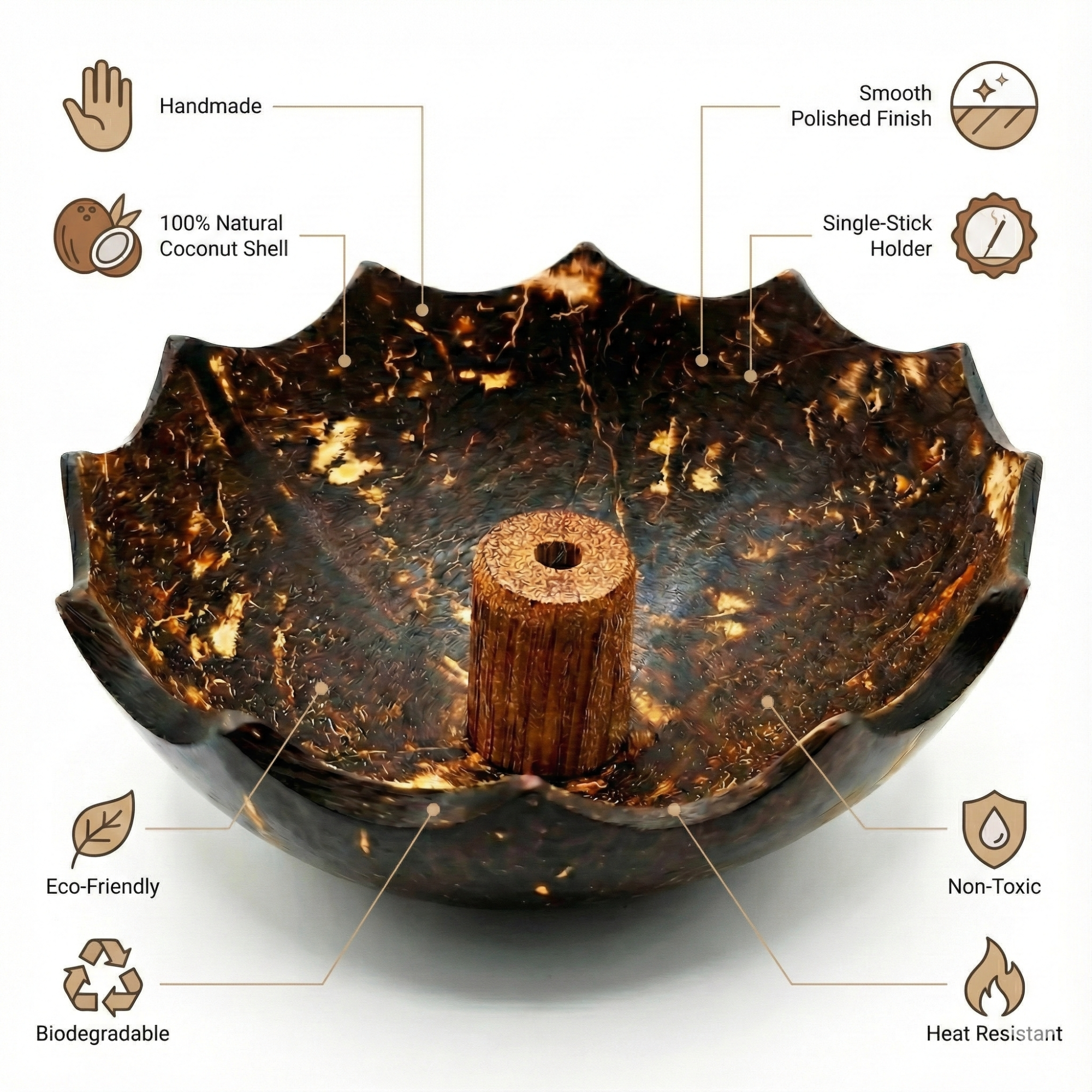 Agarbathi - dimensions Shell & Soul Handmade Coconut Shell Agarbathi & Dhoop Stand - Image 4