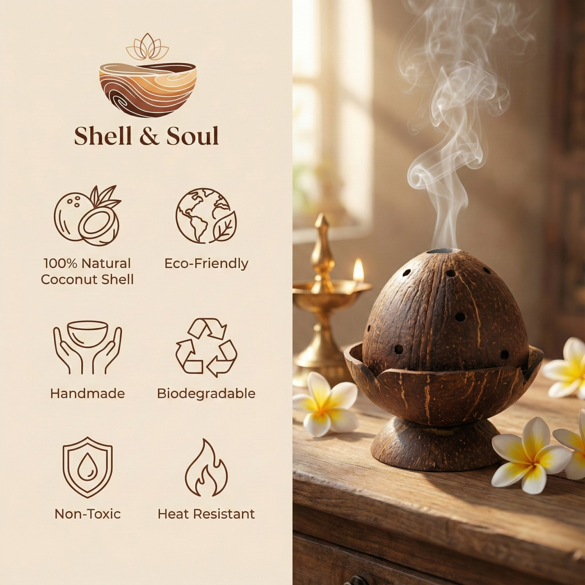 Dhoop infographics Shell & Soul Handmade Coconut Shell Agarbathi & Dhoop Stand - Image 5