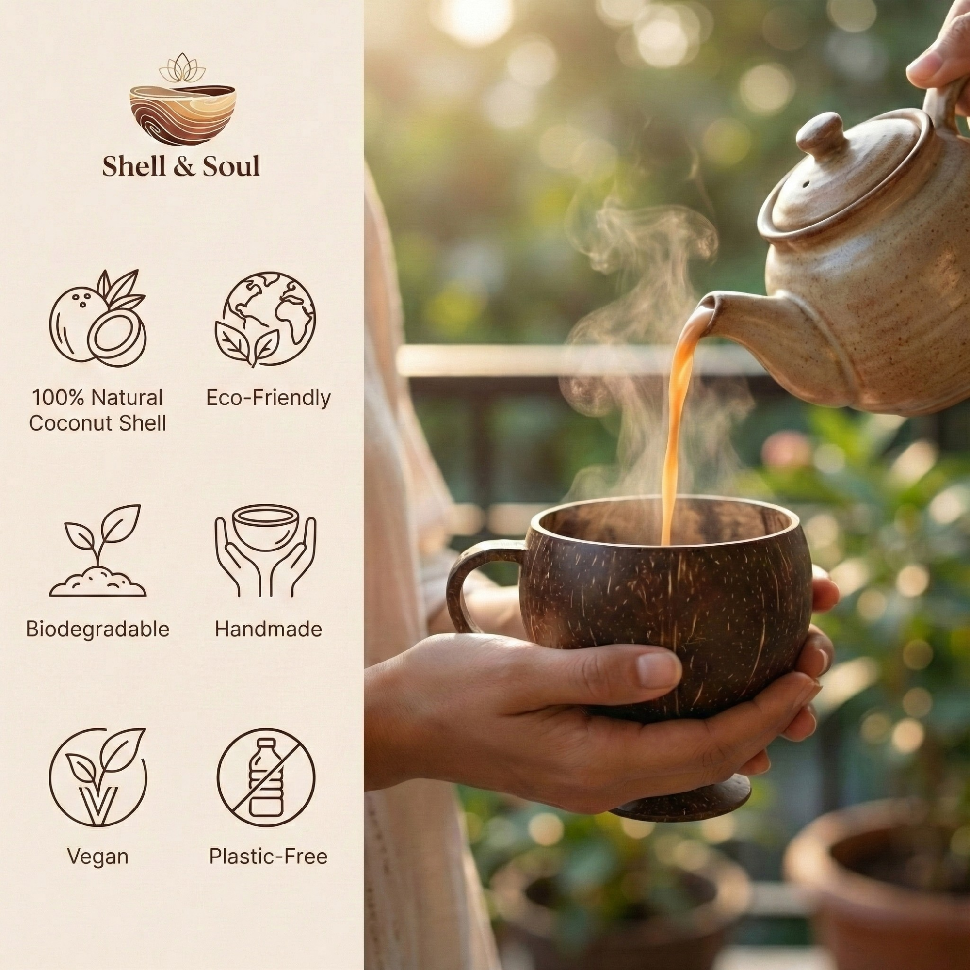 handcrafted coconut shell tea cups – eco friendly & plastic free (set of 2 & 4) handcrafted coconut shell tea cups – eco friendly & plastic free (set of 2 & 4)